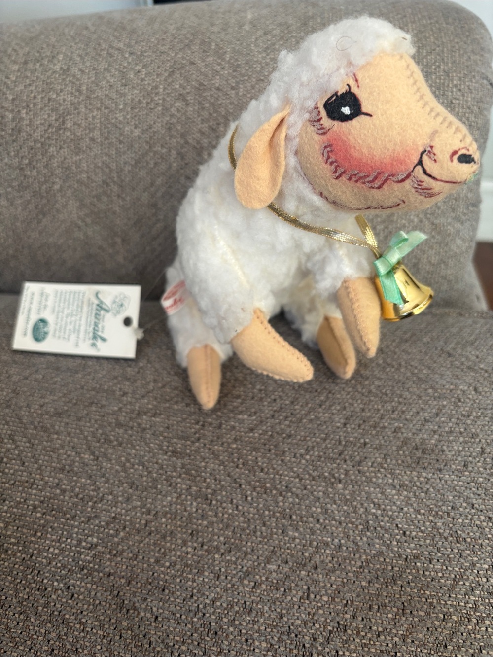 Annalee White Plush Irish Lamb with Gold Bell and Green Ribbon